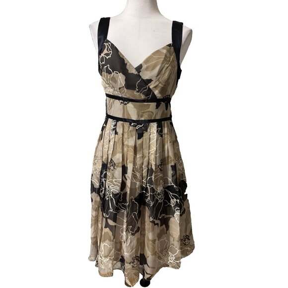 Adrianna Papell Dress 8 SILK Brown Black Gold Foil Floral A Line Sleeveless - Picture 1 of 15
